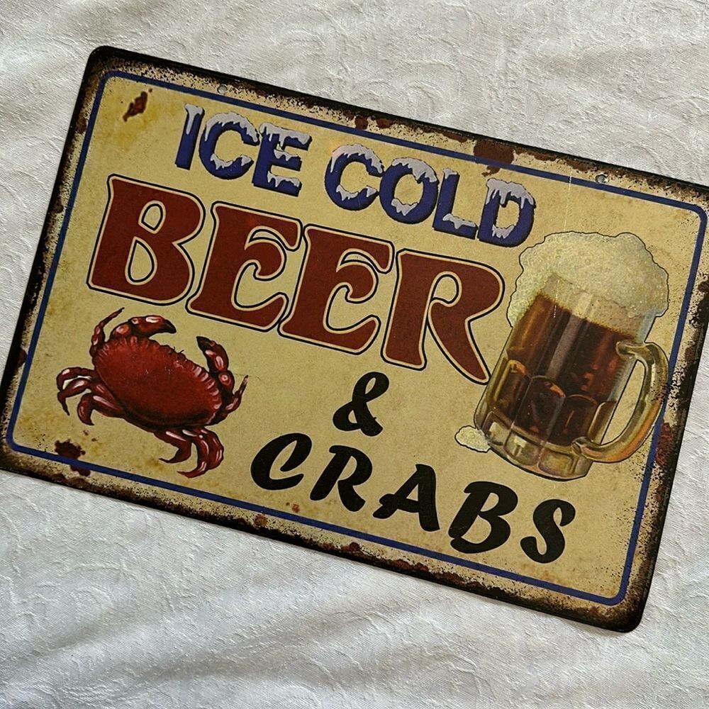 Tin Sign Rustic Beer Crabs Bar Decor Seafood